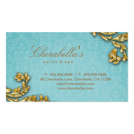 Elegant Salon Spa Floral Gold Leaf Blue Business Card Template (back side)