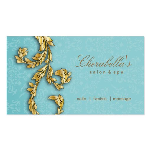 Elegant Salon Spa Floral Gold Leaf Blue Business Card Template