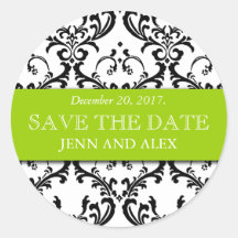 Elegant Save the Date Damask Stickers Green