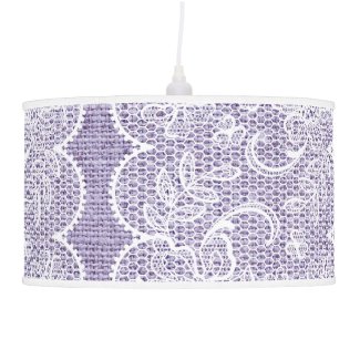 Elegant scalloped white lace on purple burlap lamps