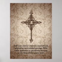 Elegant Scroll Christian Cross w/Swirl Background Posters