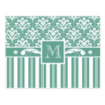 Elegant Sea Green Damask with Your Monogram Postcard