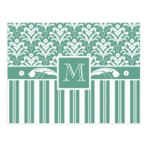 Elegant Sea Green Damask with Your Monogram postcards