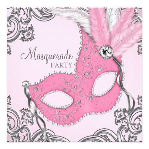 Elegant Silver and Pink Masquerade Party Invitation