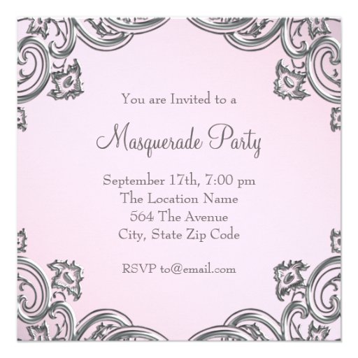 Elegant Silver and Pink Masquerade Party Invitation
