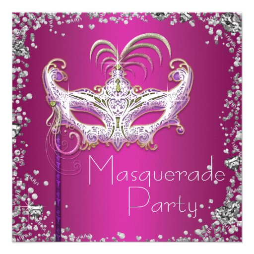 Elegant Silver Confetti Hot Pink Masquerade Party Custom Invite (front side)