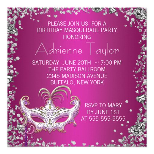 Elegant Silver Confetti Hot Pink Masquerade Party Custom Invite