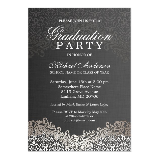 Elegant Silver Damask Grad Graduation Party 5x7 Paper Invitation Card (front side)
