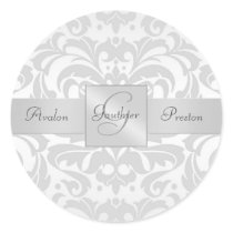 Elegant Silver Damask Monogram Wedding Sticker