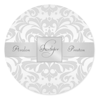 Elegant Silver Damask Monogram Wedding Sticker
