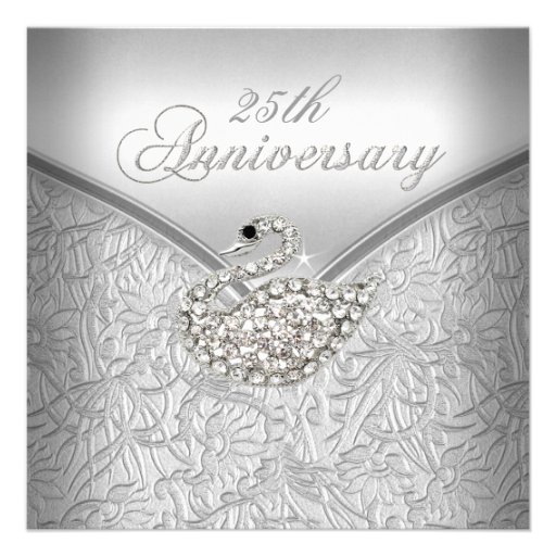 Elegant Silver Damask White Swan 25th Anniversary Personalized Invitation (front side)