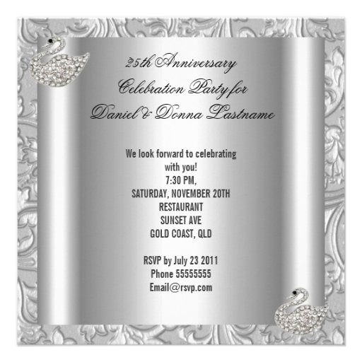 Elegant Silver Damask White Swan 25th Anniversary Personalized Invitation