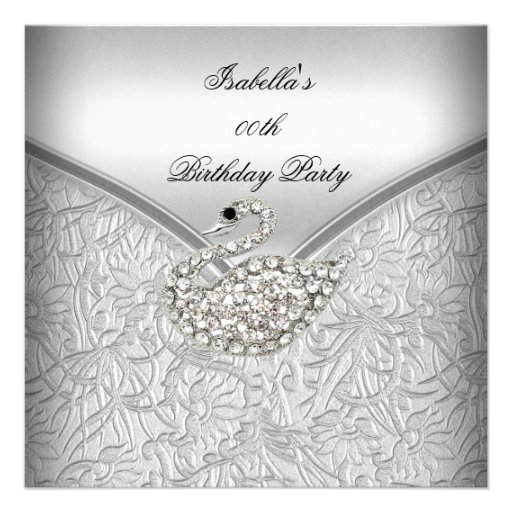 Elegant Silver Damask White Swan Birthday Party Invitations