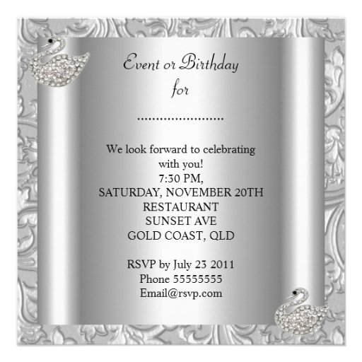 Elegant Silver Damask White Swan Birthday Party Invitations
