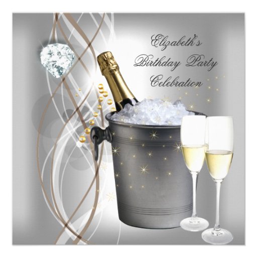 Elegant Silver Gold Champagne Birthday Party Custom Invitations