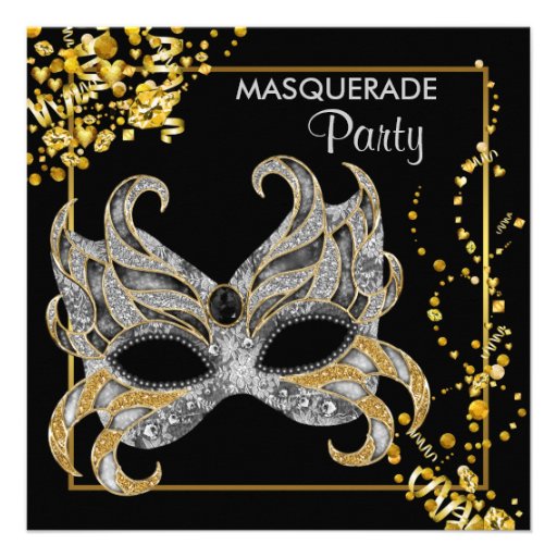 Elegant Silver Gold Masquerade Party Custom Invitations (front side)