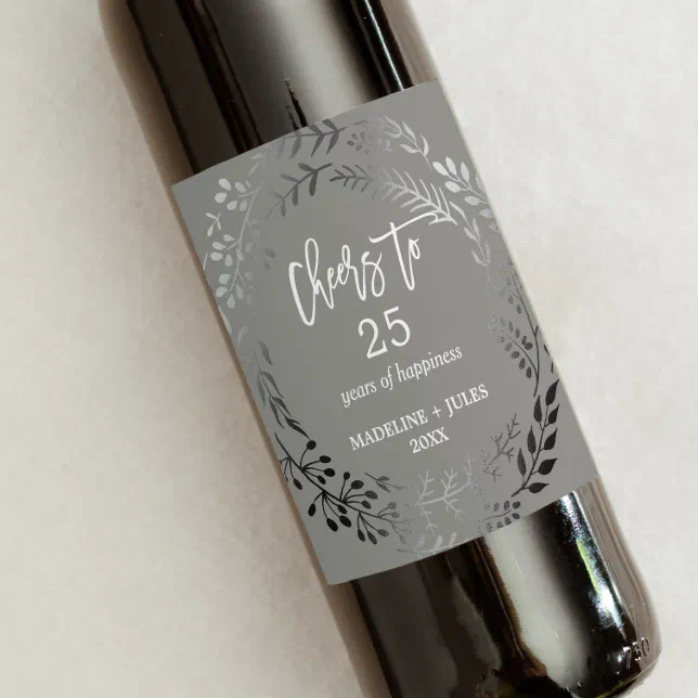 Elegant Silver Gray Cheers To 25 Years Anniversary Wine Label Zazzle