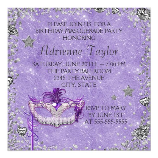 Elegant Silver Purple Masquerade Party Personalized Invitations