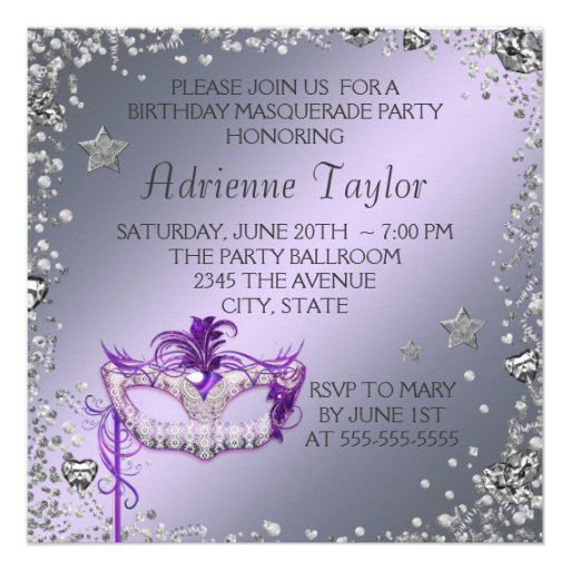 Elegant Silver Purple Masquerade Party Announcement