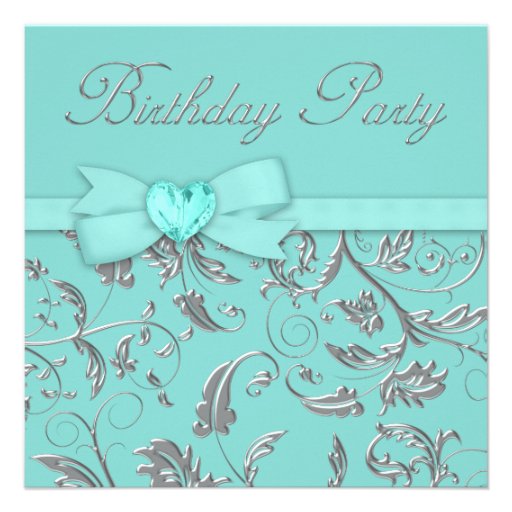 Elegant Silver Teal Blue Birthday Party Custom Invitation
