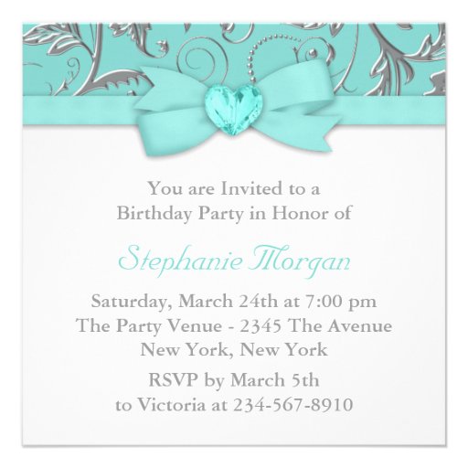 Elegant Silver Teal Blue Birthday Party Custom Invitation