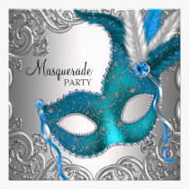 Elegant Silver Teal Blue Masquerade Party invitations