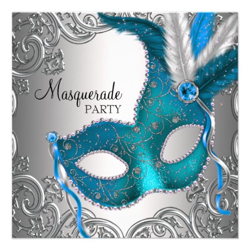 Elegant Silver Teal Blue Masquerade Party Custom Invites (front side)