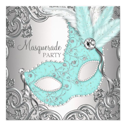 Elegant Silver Teal Blue Masquerade Party Custom Invitations (front side)