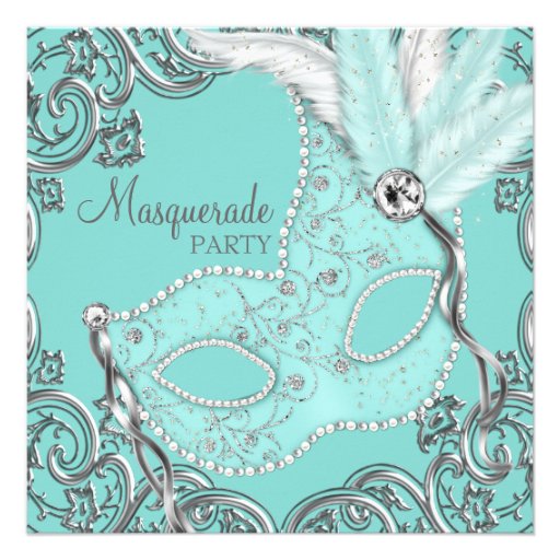 Elegant Silver Teal Blue Masquerade Party Personalized Announcement (front side)