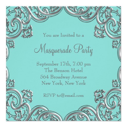 Elegant Silver Teal Blue Masquerade Party Personalized Announcement