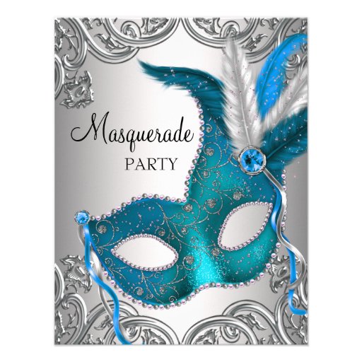 Elegant Silver Teal Blue Masquerade Party Personalized Invitation (front side)