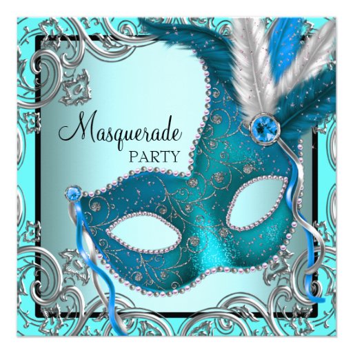 Elegant Silver Teal Blue Masquerade Party Personalized Announcements