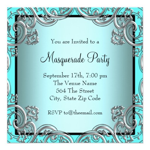 Elegant Silver Teal Blue Masquerade Party Personalized Announcements