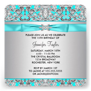 Elegant Silver Teal Blue Quinceanera Custom Invitations