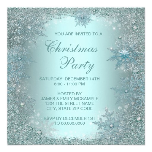 Elegant Silver Teal Blue Snowflake Christmas Party Personalized Invites (front side)