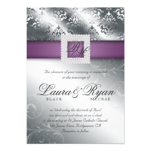 Elegant Silver Wedding Damask Jewels Purple Custom Announcements