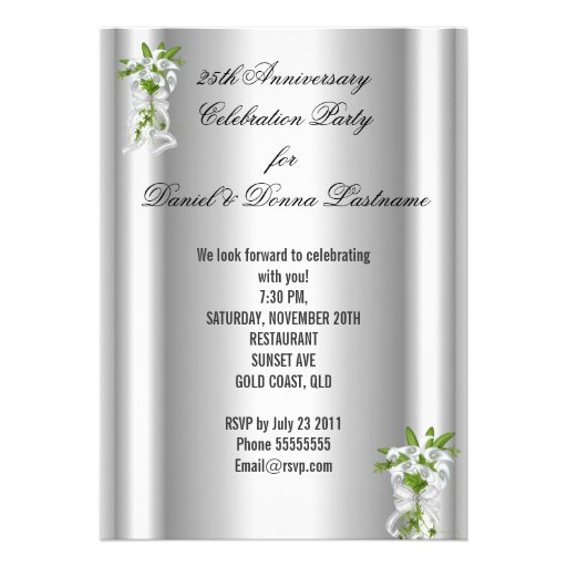Elegant Silver White Floral 25th Anniversary Party Personalized Announcement