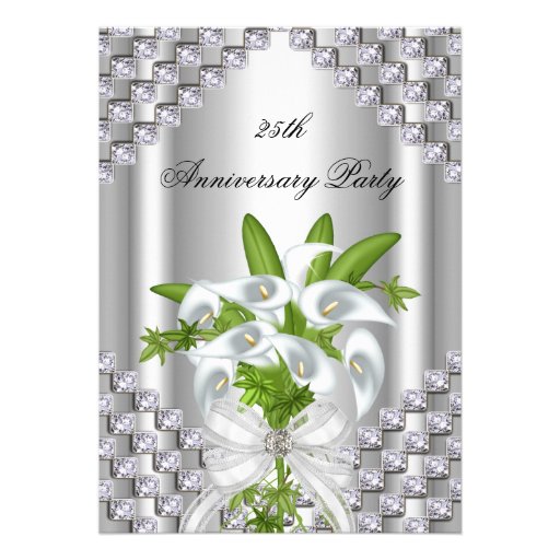 Elegant Silver White Floral 25th Anniversary Party Personalized Announcement (front side)