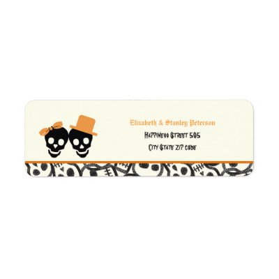 Elegant skulls Halloween orange wedding label