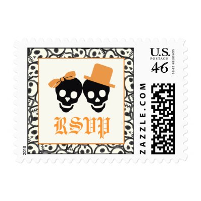 Elegant skulls Halloween orange wedding RSVP stamp