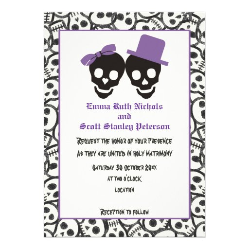 Elegant skulls Halloween purple wedding invitation