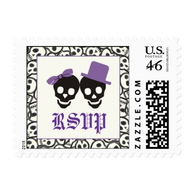 Elegant skulls Halloween purple wedding RSVP stamp