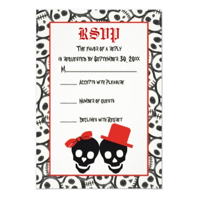 Elegant skulls Halloween red black wedding RSVP Invites
