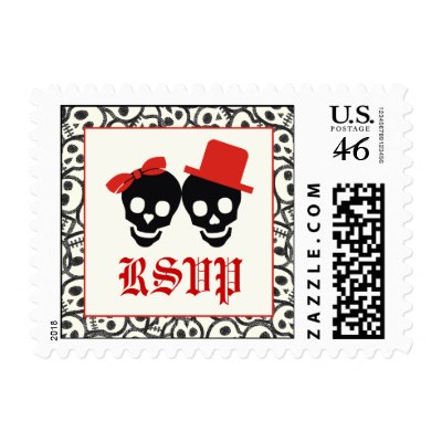 Elegant skulls Halloween red wedding RSVP stamp