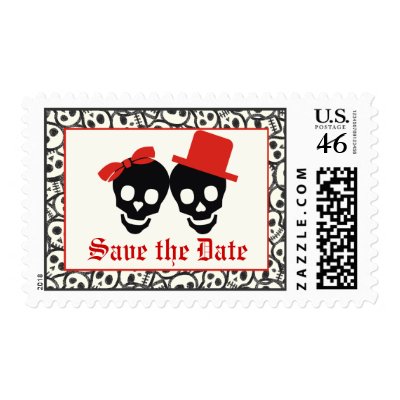 Elegant skulls Halloween red wedding Save the Date Stamp