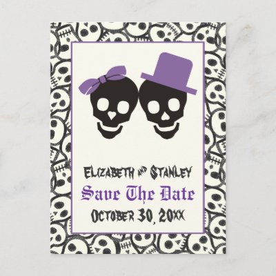 Elegant skulls Halloween wedding Save the Date Postcard