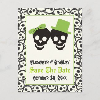 Elegant skulls Halloween wedding Save the Date postcard