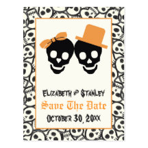 Elegant skulls Halloween wedding Save the Date Post Cards