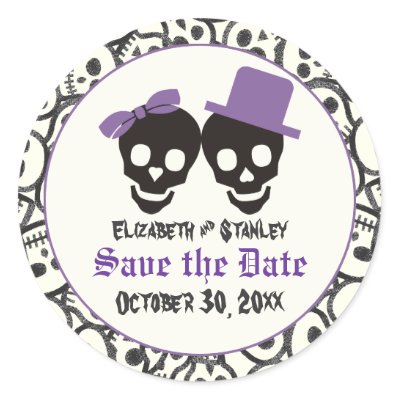 Elegant skulls Halloween wedding Save the Date Sticker