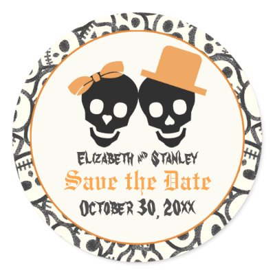 Elegant skulls Halloween wedding Save the Date Sticker